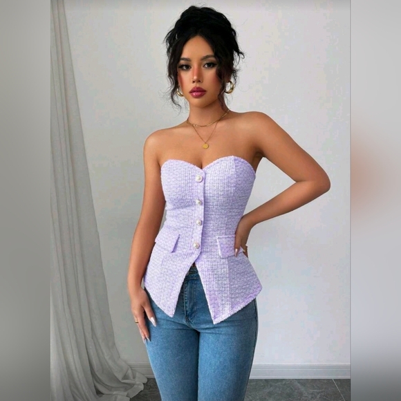 Rafferiza Women's Textured Strapless Cropped Top With Pearl Button Details - Picture 5 of 6